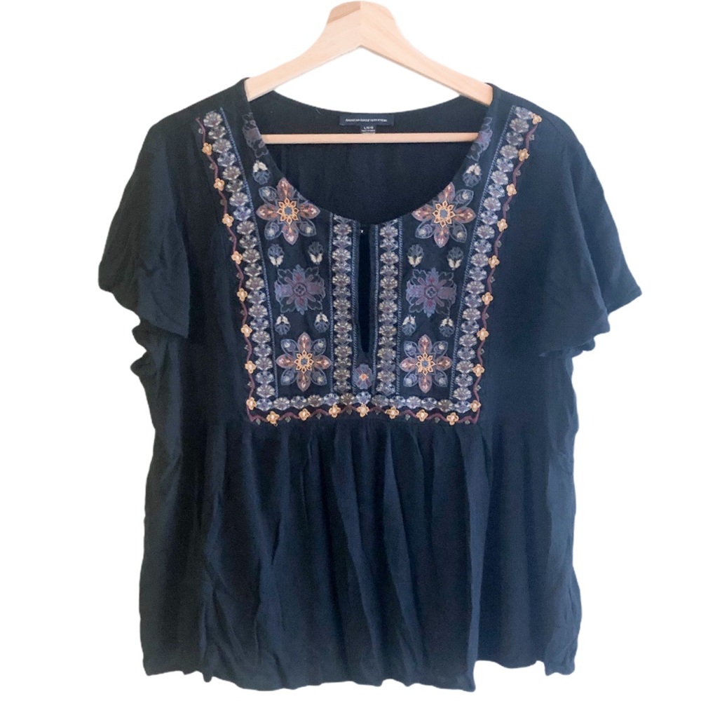 American Eagle | Black Embroidered Peplum Top